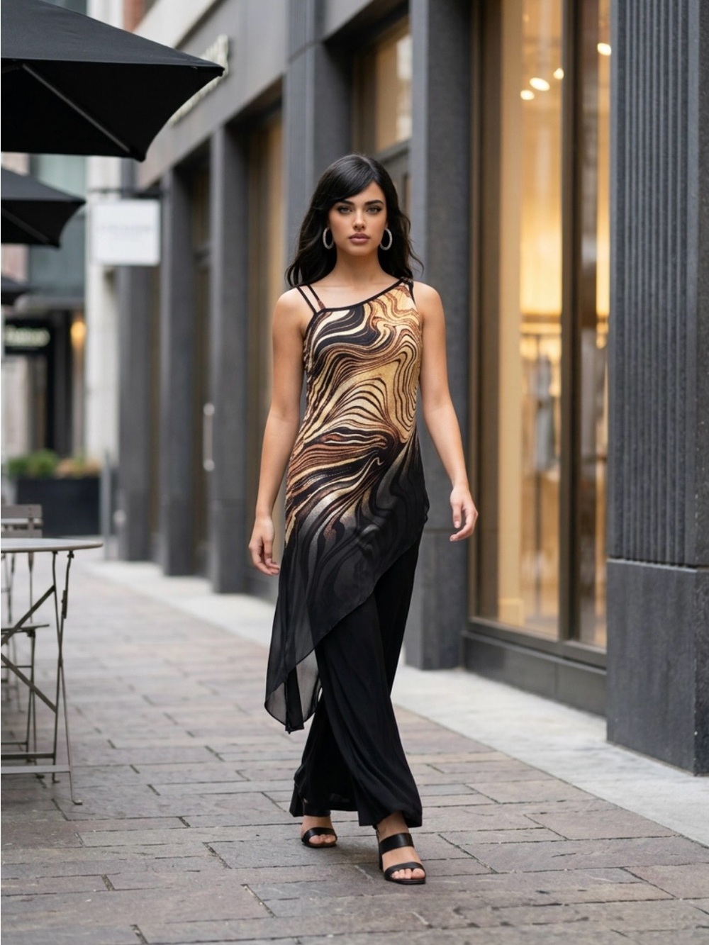 Frank Lyman Design One-Shoulder Swirl Print Jumpsuit in Gold and Black - Picture 8 of 15